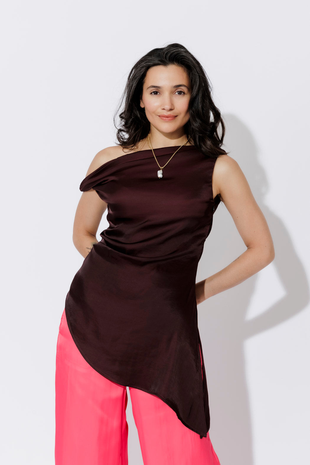 Chocolate Glow Silky Drape Top