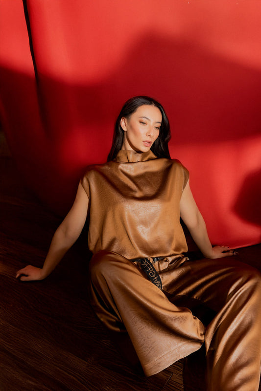 Chocolate Embossed Funnel Neck Top