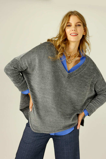 Dark Grey Velour Vee Jumper