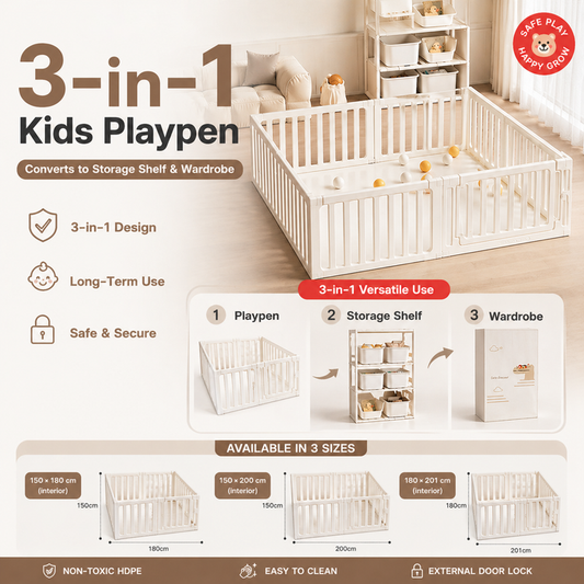 3-in-1 Kids Playpen | Converts to Storage Shelf & Wardrobe | HDPE Safety Fence with Door Lock | Baby Play Yard - Little Kooma