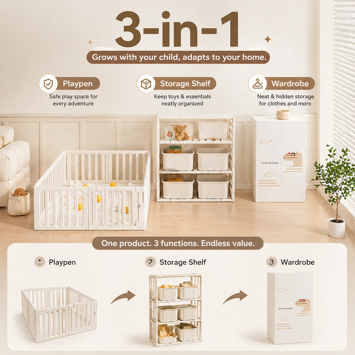 3-in-1 Kids Playpen | Converts to Storage Shelf & Wardrobe | HDPE Safety Fence with Door Lock | Baby Play Yard - Little Kooma