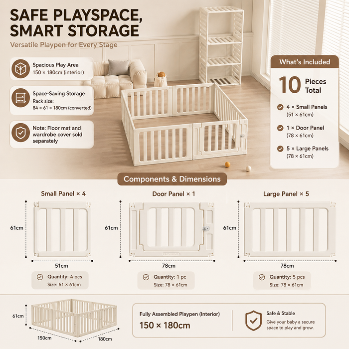 3-in-1 Kids Playpen | Converts to Storage Shelf & Wardrobe | HDPE Safety Fence with Door Lock | Baby Play Yard - Little Kooma
