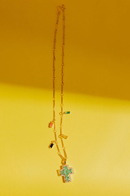 Gold Mini Cross Necklace - Green