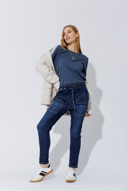Dark Denim Pull On Cargo Jean