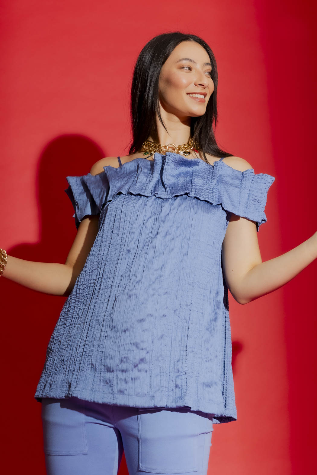 Cornflower Off Shoulder Ruffle Top