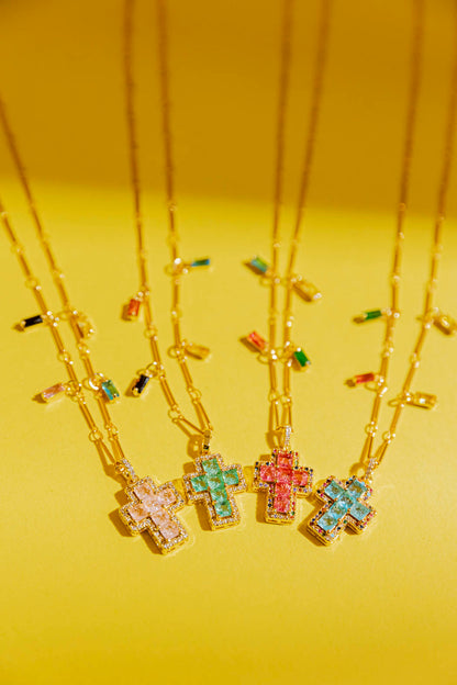 Gold Mini Cross Necklace - Blue