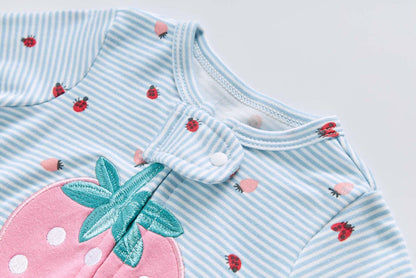 Baby Cotton Sleepsuit Blue Stripes Strawberry Two Way Zipper All In One Jumpsuit Feet Cover - Little Kooma