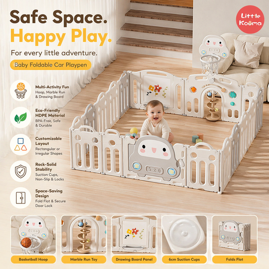 Baby Foldable Playpen Play Yard Basketball Hoop & Drawing Board – Eco HDPE, Non-Slip, Adjustable - Little Kooma