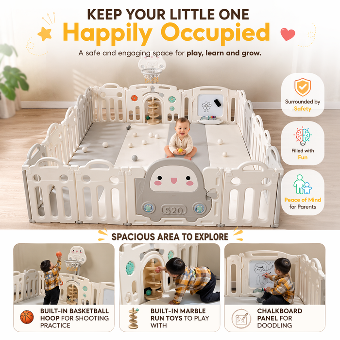 Baby Foldable Playpen Play Yard Basketball Hoop & Drawing Board – Eco HDPE, Non-Slip, Adjustable - Little Kooma