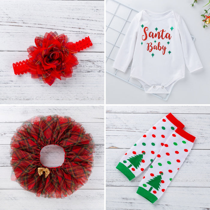 Baby Girl Christmas Outfit White Long Sleeve Bodysuit n Voile Plaid Skirt n Socks n Headwrap 4 Piece Set - 1124 - Little Kooma
