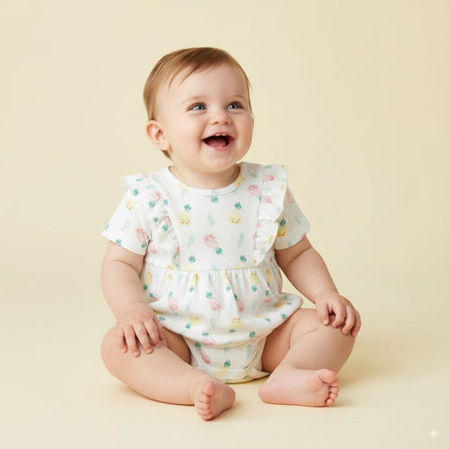 Baby Girl Short Sleeves Ruffled Bodysuit Dress White w Pineapples - Little Kooma