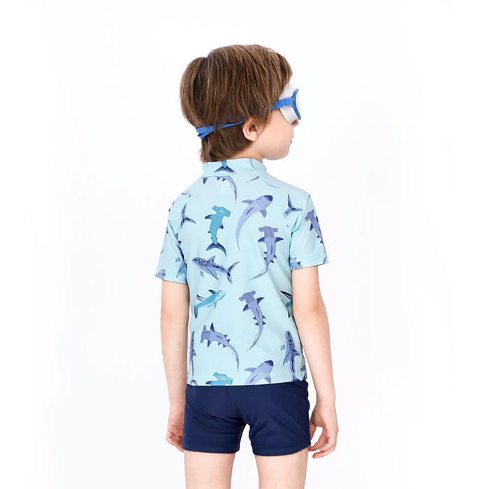 Baby Kids Boy's Shark Prints Short Sleeves Two Piece Swimming Suit Top Shorts n Free Cap 908041 - Little Kooma