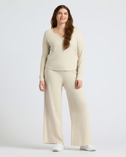 Womens Oatmeal Waffle Long Sleeve Boxy Henley