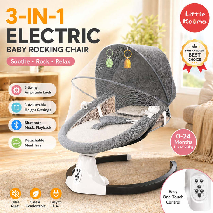 Electric Baby Rocking Chair with Bluetooth Music, Remote Control & Mosquito Net – Adjustable Swing & Recline - Little Kooma