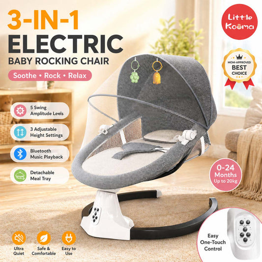 Electric Baby Rocking Chair with Bluetooth Music, Remote Control & Mosquito Net – Adjustable Swing & Recline - Little Kooma