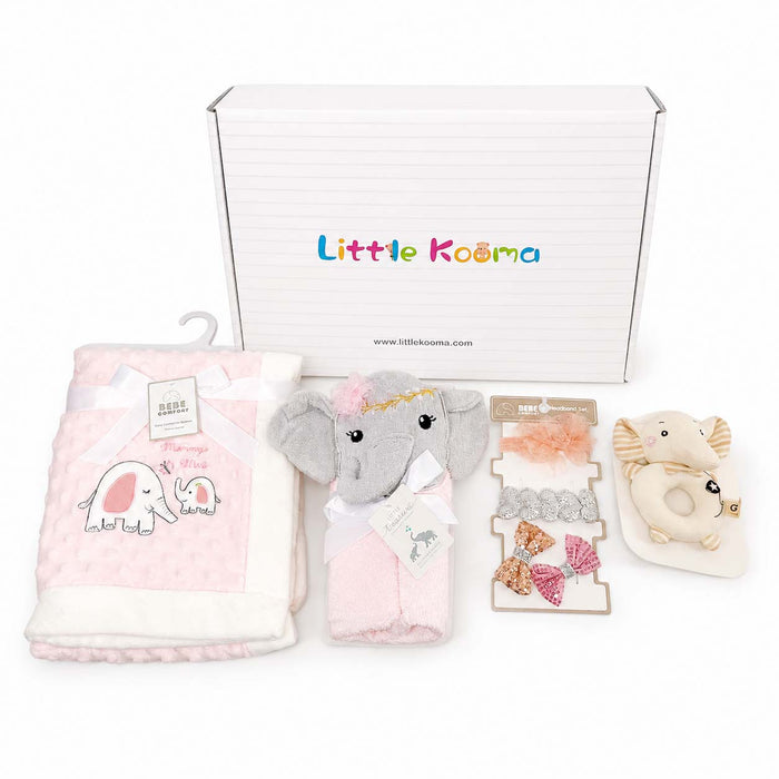 New Born Baby Girl Little Kooma Brand Gift Box Pink Elephant Dotted Blanket Hooded Towel Hand Rattle Gift Box Set