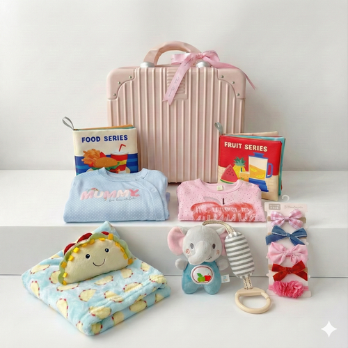 New Born Baby Girl Taco LED Light Layette Plush Blanket Suitcase Mummy Makeup Box Gift Hamper Gift Box Set - Little Kooma