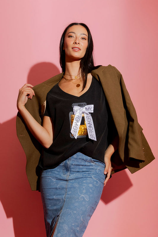 Charcoal Washed T-Shirt with Perfume Print