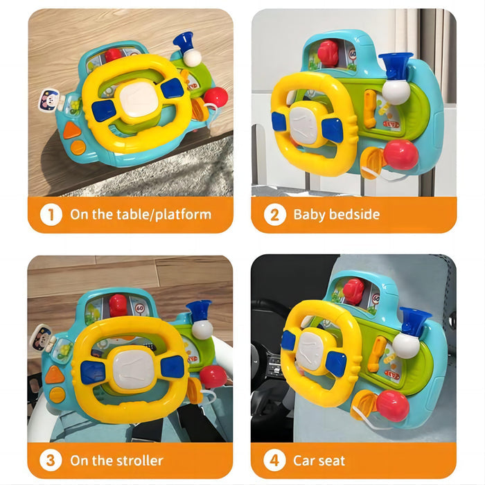 Portable Baby Steering Wheel Toy with Velcro Straps – Pretend Play with Lights, Sounds, and Flip Activities for Tables, Strollers, and Car Seats 18 Months + - Little Kooma