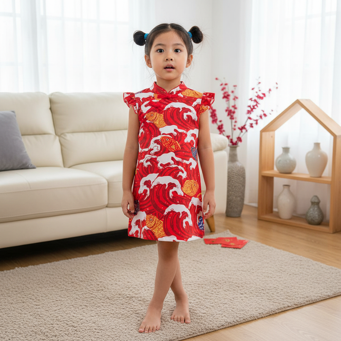 Ready Stock Carp Dragon Leap Girl Cheongsam Dress Baby Kids CNY Chinese New Year Outfit - Little Kooma