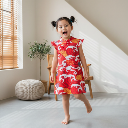 Child wearing a red dress with white animal patterns in a room with a window and plant.