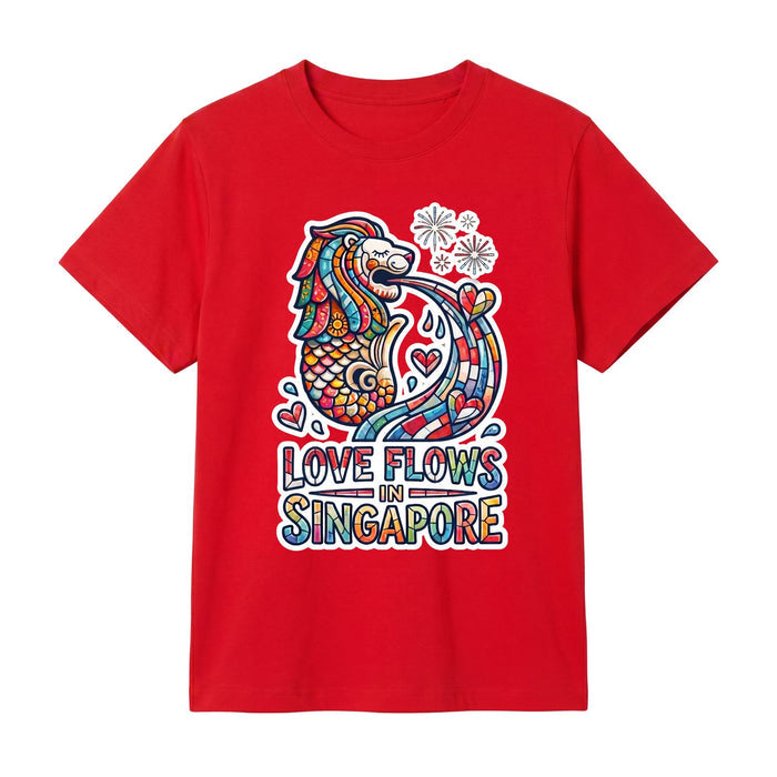 Singapore National Day Kids Red T-Shirt Family Matching Outfit - LOVE FLOWS in Singapore Merlion Design