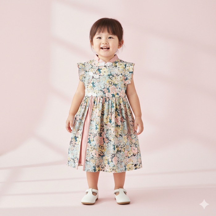 Singapore Souvenir Gift Baby Kids Girls Ruffled Sleeves Floral Cheongsam Dress CNY Chinese New Year Outfit - Little Kooma