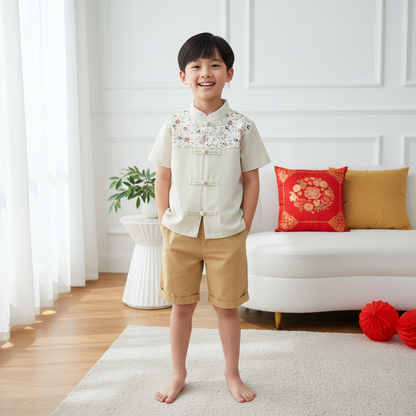 Singapore Souvenir Gift Blossom Harmony Collection Baby Kids Boys Beige Cheongsam Set Little Flower Prints Top n Shorts CNY Chinese New Year Outfit 0819 - Little Kooma