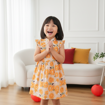 Singapore Souvenir Gift Sunflowers Little Girl n Cat Baby Kids Girl Cheongsam Dress 0846 - Little Kooma