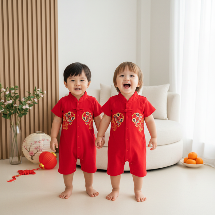 Unisex Baby Red Family Set with Golden Fish Baby Boy Cheongsam Romper 0834 - Little Kooma